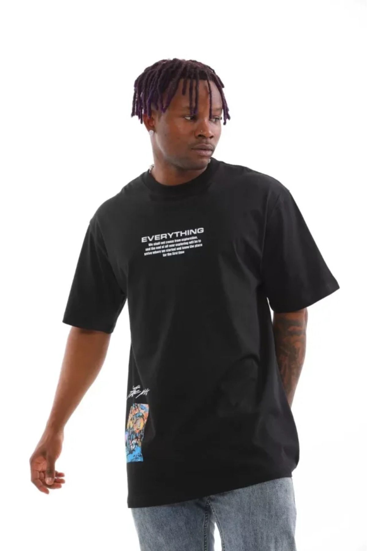 Albayrak Unisex Bisiklet Yaka Baskılı Oversize T-Shirt - Siyah
