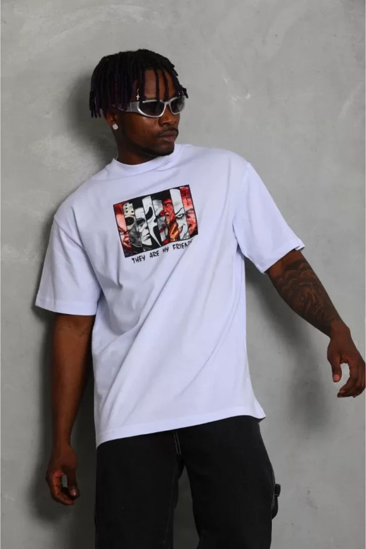 MyTerrax Unisex Oversize Baskılı Bisiklet Yaka T-Shirt - Beyaz