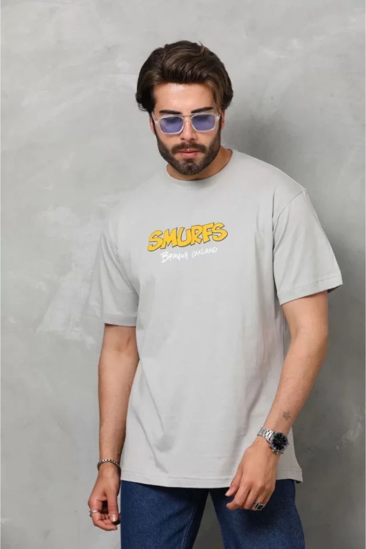 meisa Unisex Basic Bisiklet Yaka Oversize T-Shirt - Gri