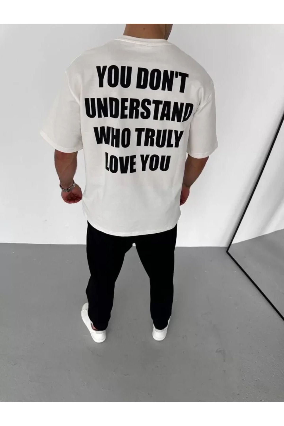 AhEs Shopping Unisex Bisiklet Yaka Baskılı Oversize T-Shirt - Beyaz