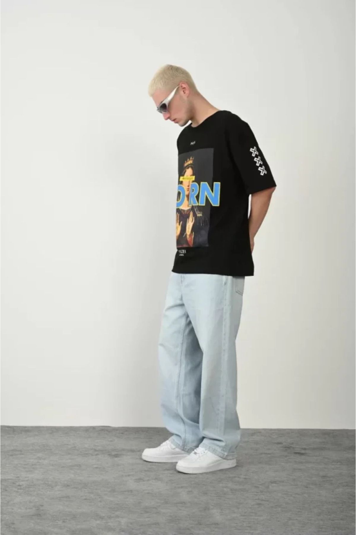 Asap Unisex Baskılı Bisiklet Yaka Oversize T-Shirt - Siyah