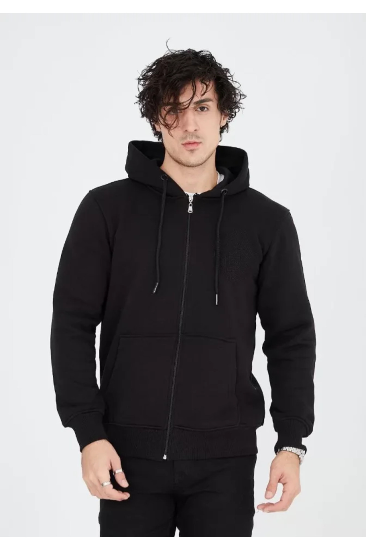 Unisex Tam Fermuarlı Kapşonlu SweatShirt - Siyah
