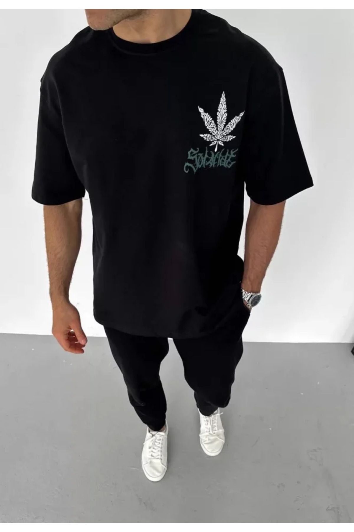 Asap Unisex Bisiklet Yaka Baskılı Oversize T-Shirt - Siyah