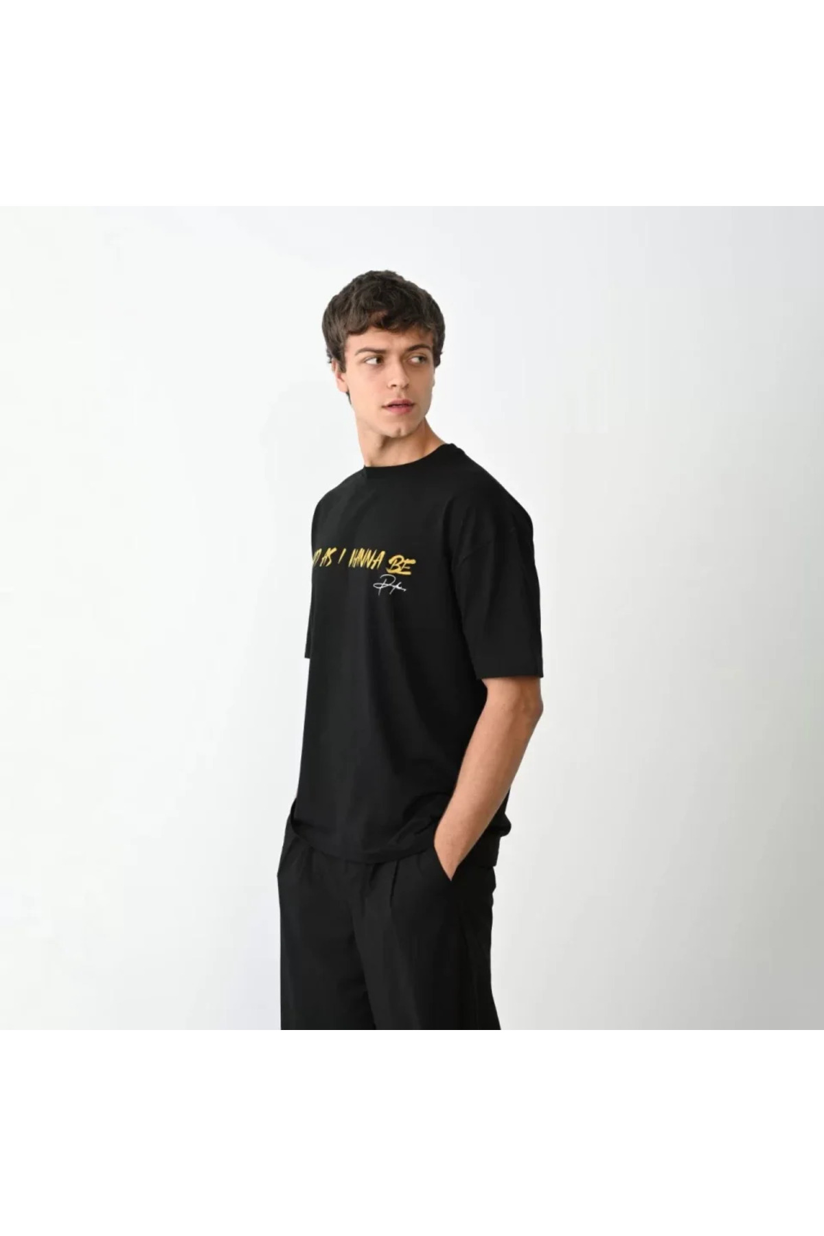 Unisex Bisiklet Yaka Baskılı Oversize T-Shirt - Siyah