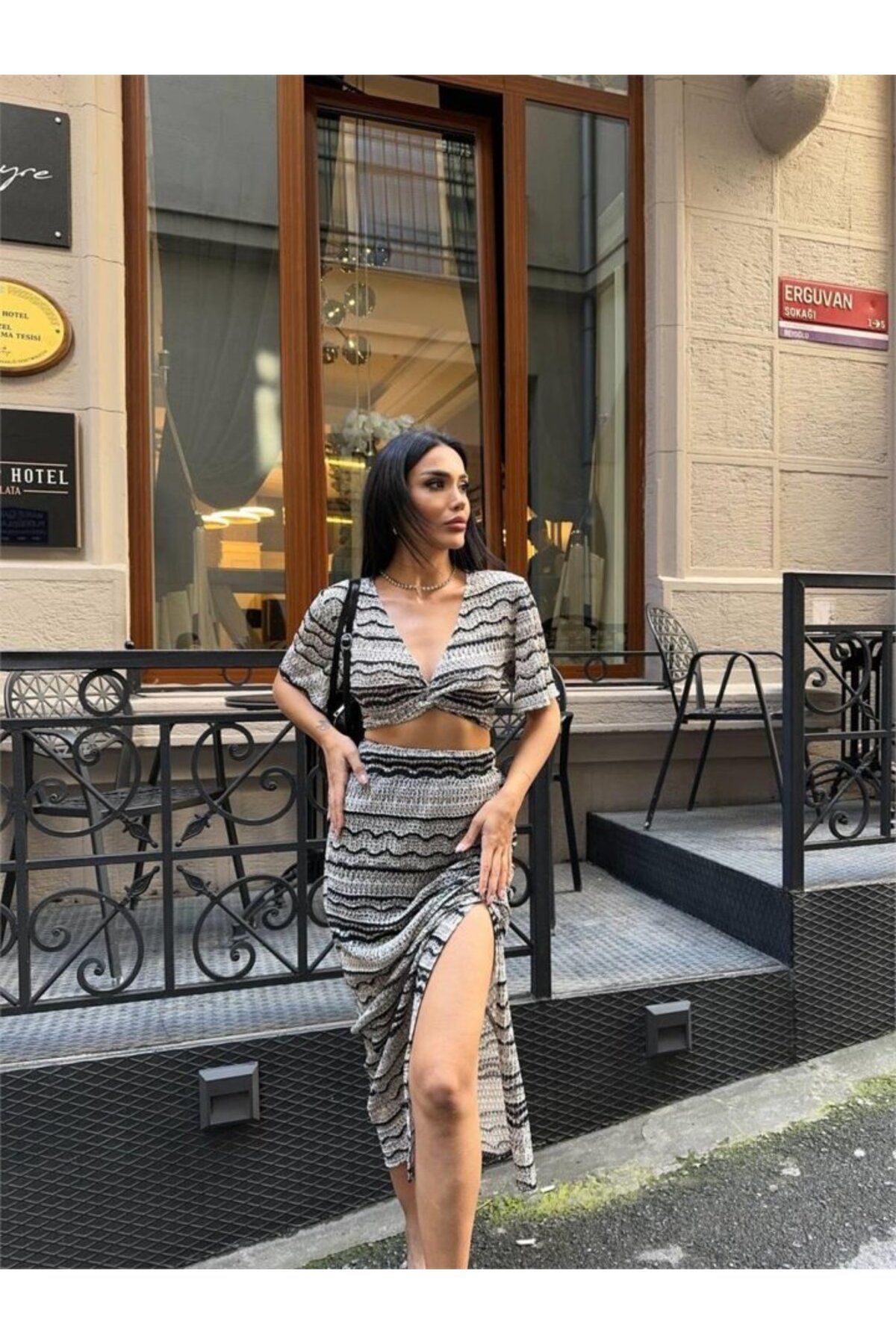 moda wanilia FİLE DANTEL BLUZ - YIRTMAÇLI ETEK TAKIM - Bej