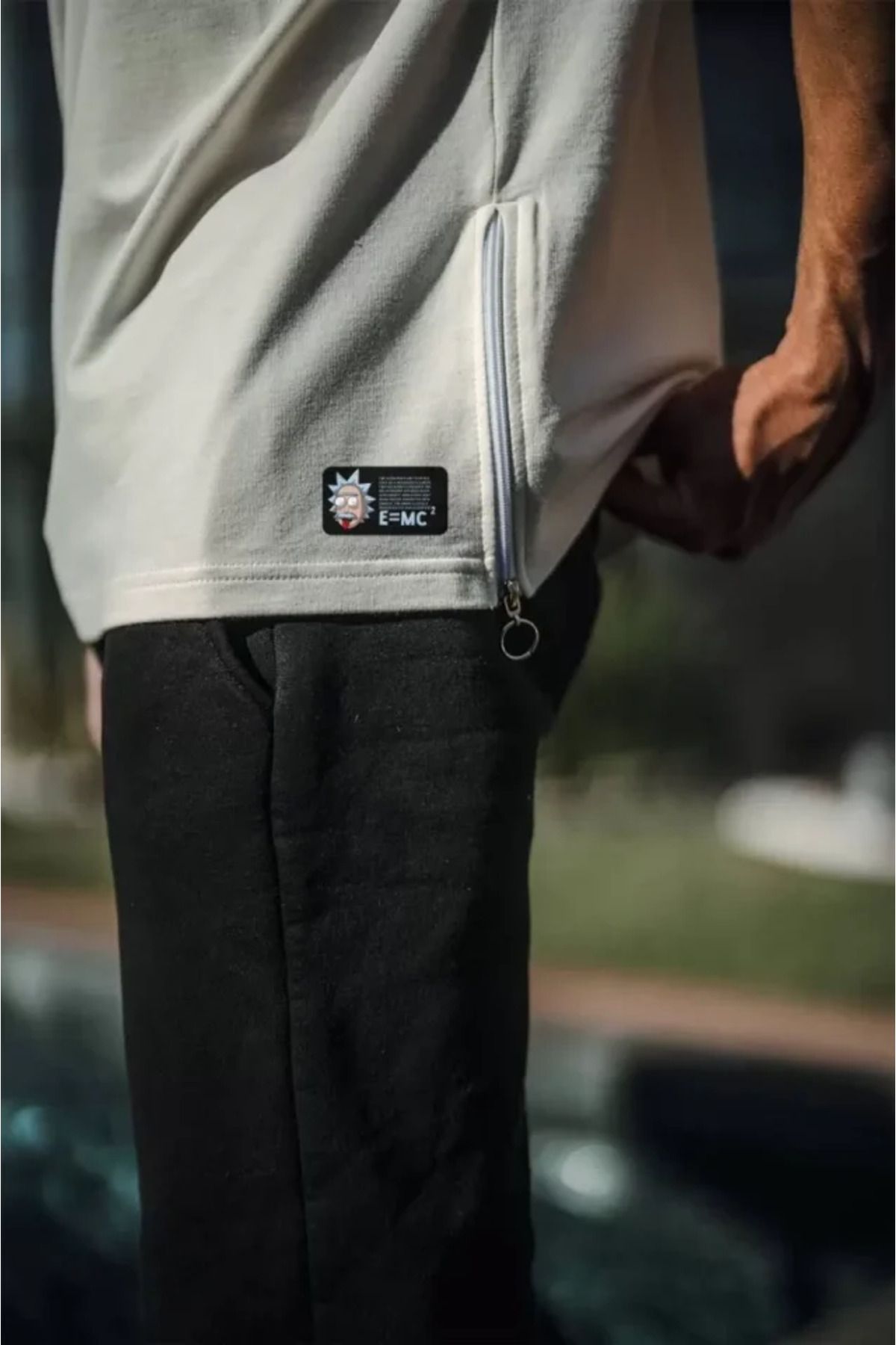 Albayrak Unisex İki Yandan Fermuarlı Parçalı Baskılı Oversize T-shirt - Beyaz