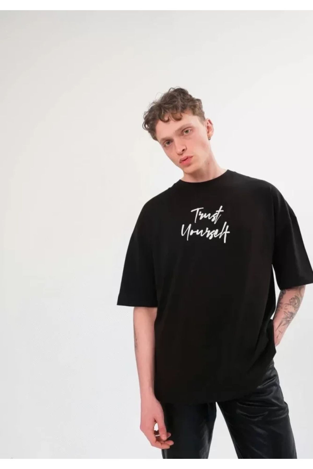 Asap Unisex Bisiklet Yaka Baskılı Oversize T-Shirt - Siyah