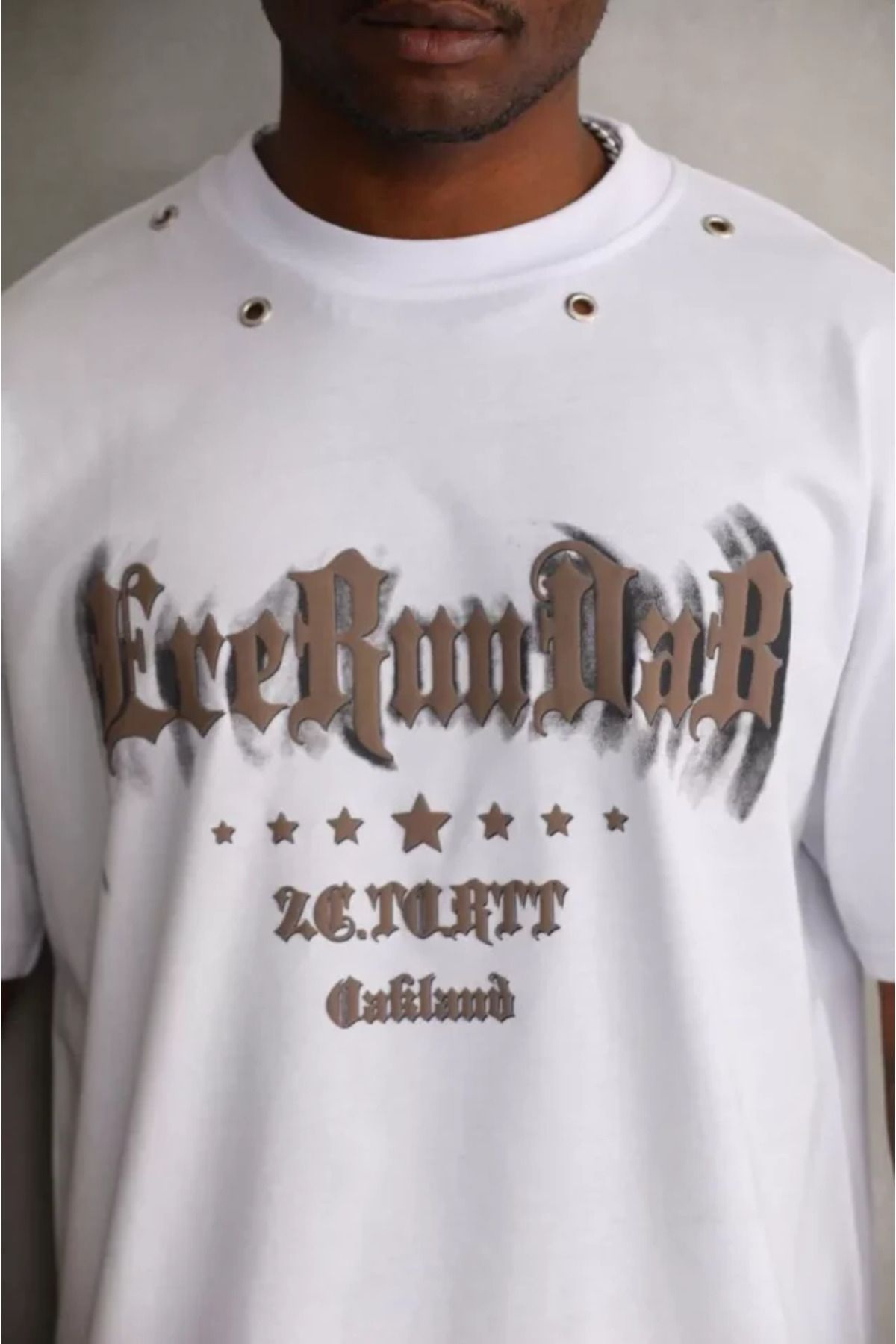 Kokosh moda Unisex Kuşgözü Detaylı Baskılı Oversize T-Shirt - Beyaz