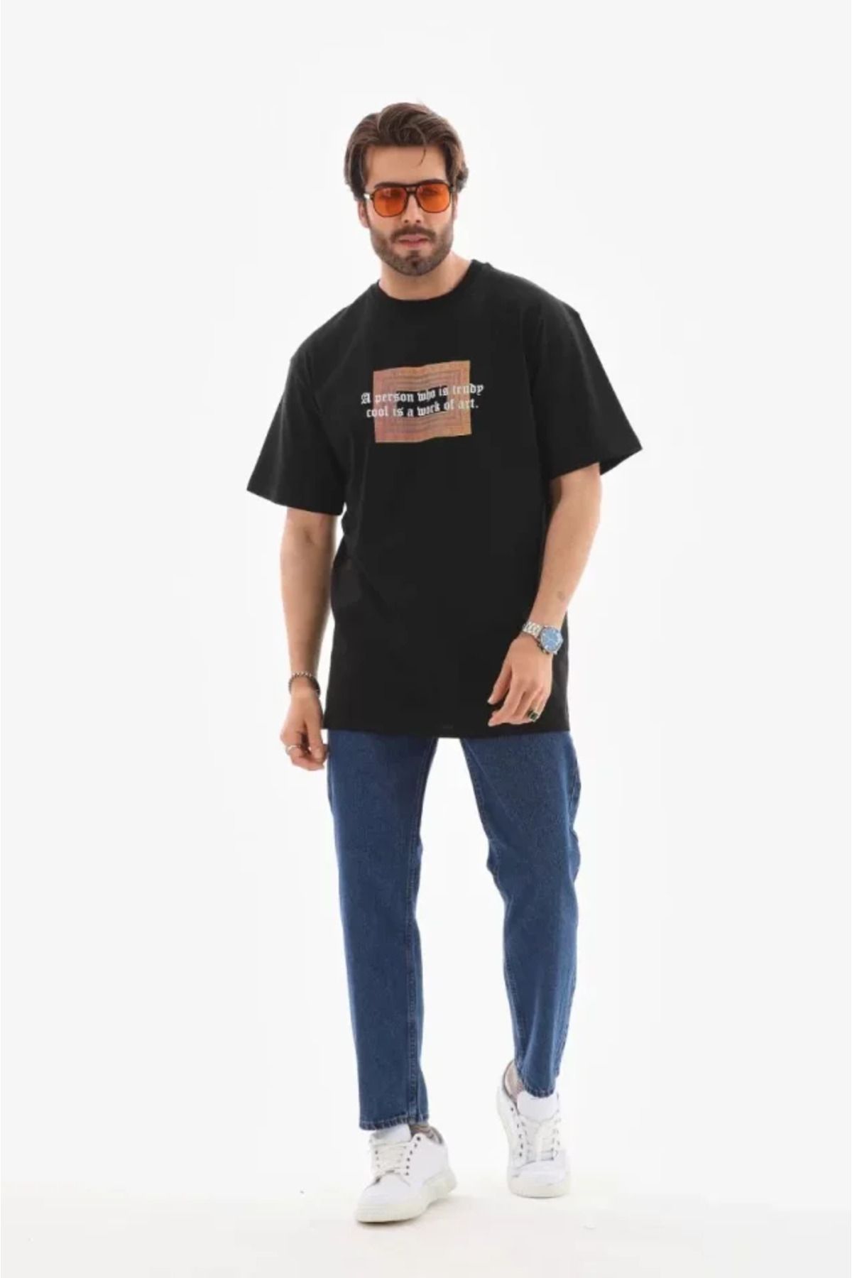 Asap Unisex Bisiklet Yaka Baskılı Oversize T-Shirt - Siyah
