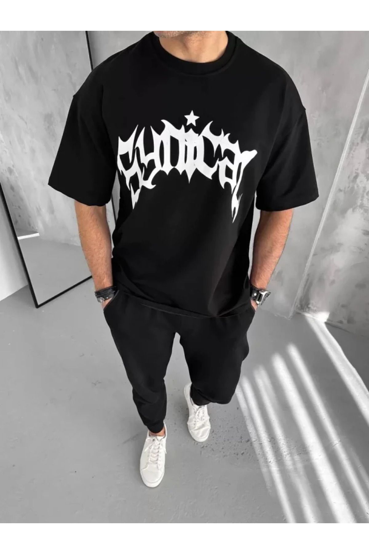munn collection Unisex Bisiklet Yaka Baskılı Oversize T-Shirt - Siyah