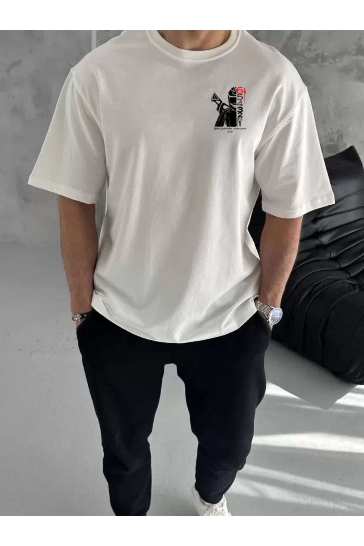 Asap Unisex Bisiklet Yaka Baskılı Oversize T-Shirt - Beyaz