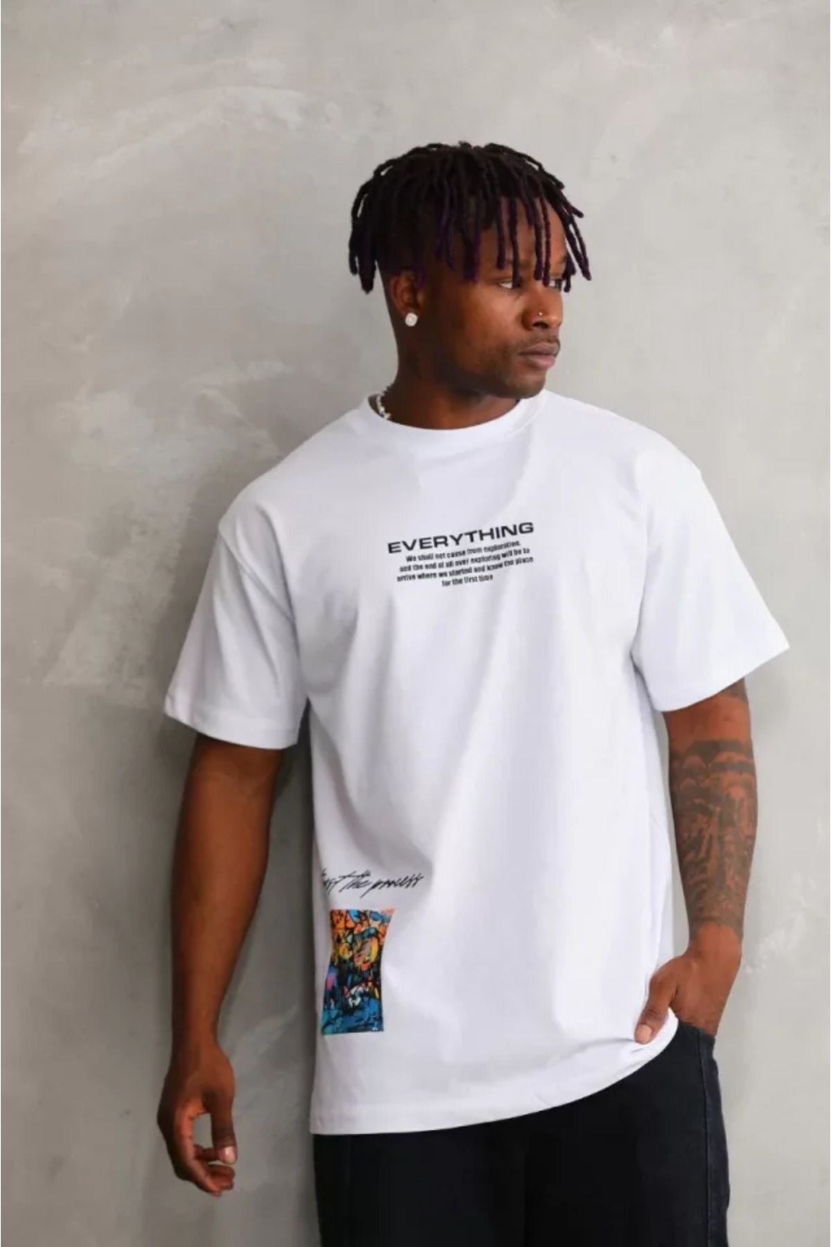 Asap Unisex Bisiklet Yaka Baskılı Oversize T-Shirt - Beyaz