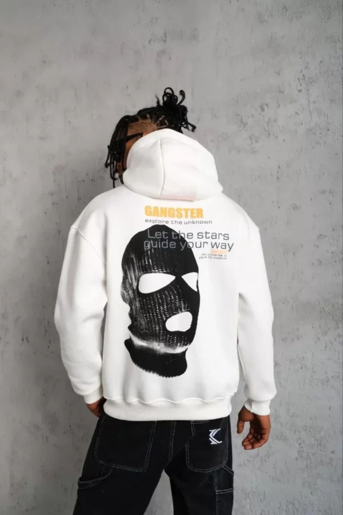 jupiter global bazaar Erkek Kordonlu Maske Baskılı Kapüşonlu Sweat - Beyaz