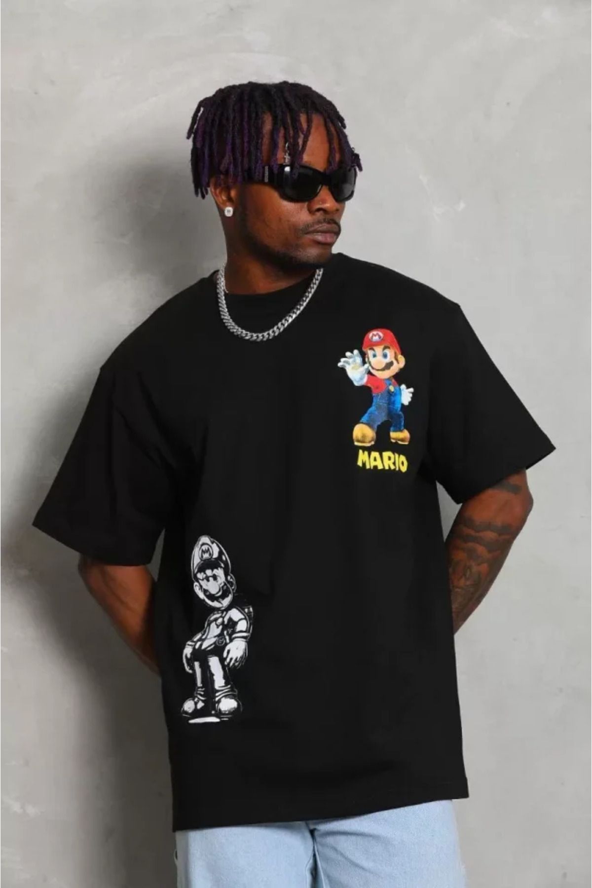 Albayrak Unisex Oversize Baskılı Bisiklet Yaka T-Shirt - Siyah