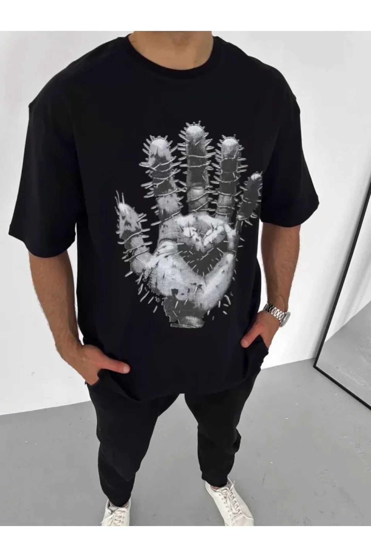 Asap Unisex Bisiklet Yaka Baskılı Oversize T-Shirt - Siyah