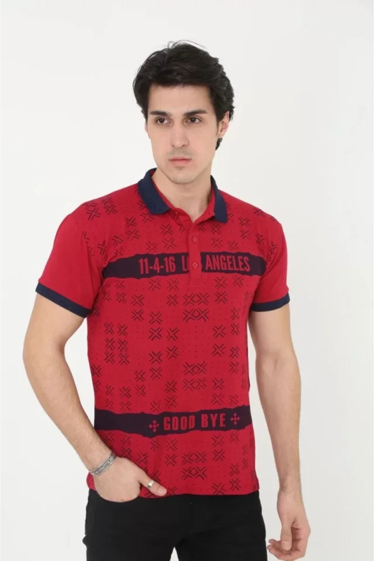 Asap Erkek Yakalı Slim Fit Baskılı T-Shirt - Kırmızı