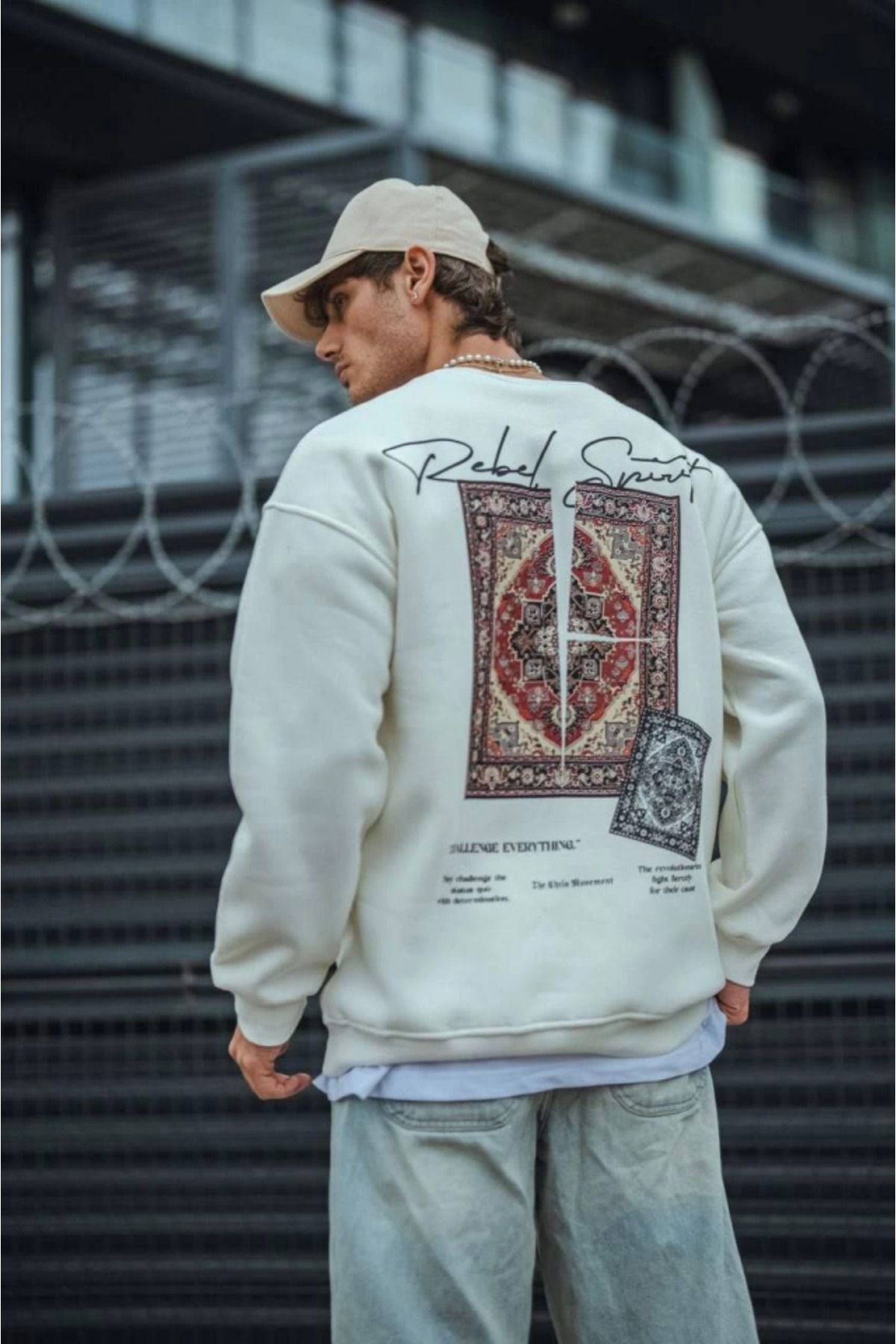 GE TİCARET Uzun Kol Bisiklet Yaka Baskılı SweatShirt - Beyaz