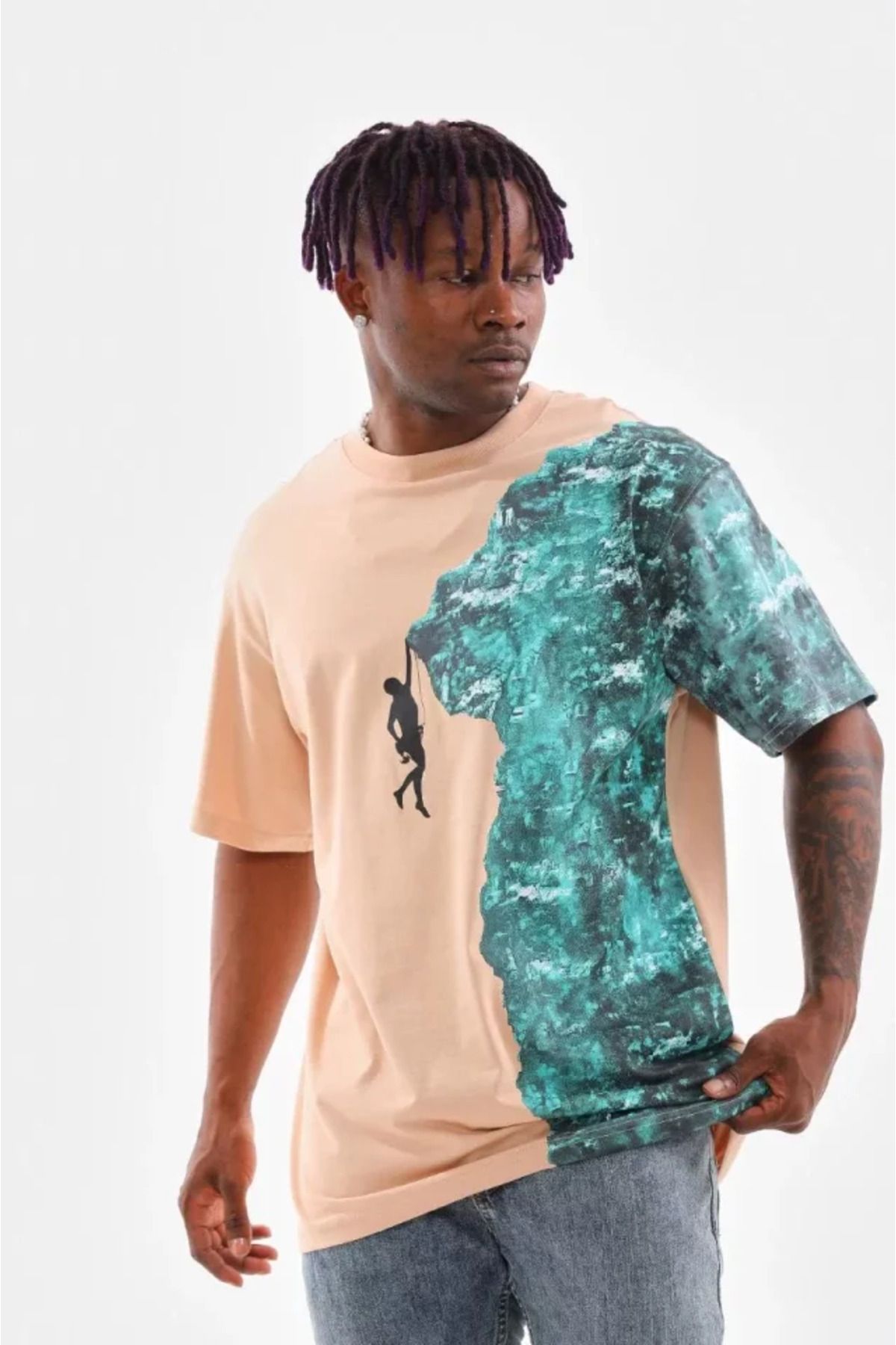 vivenza Unisex Bisiklet Yaka Baskılı Oversize T-Shirt - Bej