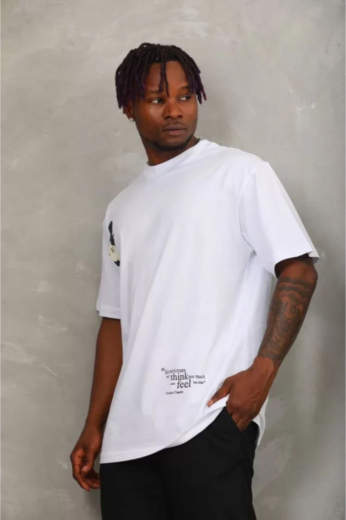 Asap Unisex Oversize Baskılı Bisiklet Yaka T-Shirt - Beyaz