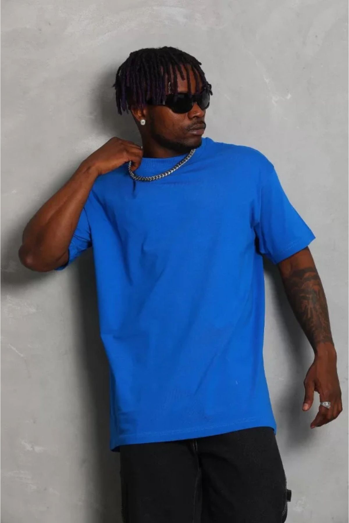 meisa Unisex Oversize Düz Bisiklet Yaka T-Shirt - Mavi