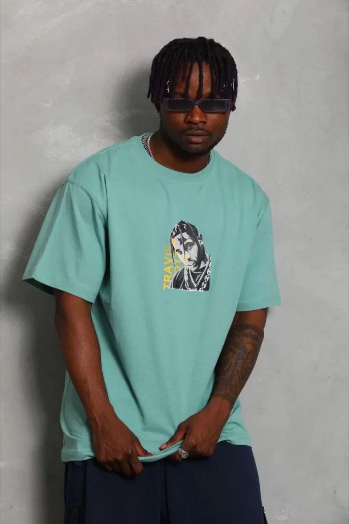 Albayrak Unisex Oversize Baskılı Bisiklet Yaka T-Shirt - Mint Yeşili