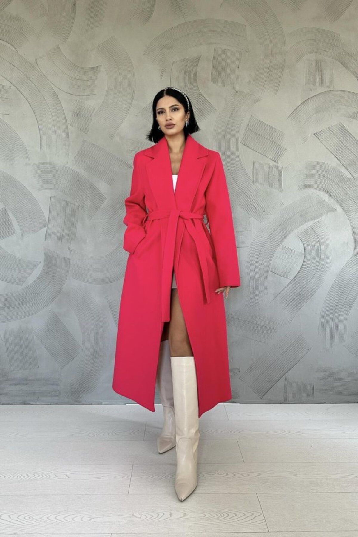 fh fashionhere Fuşya Kuşaklı Midi Kaban