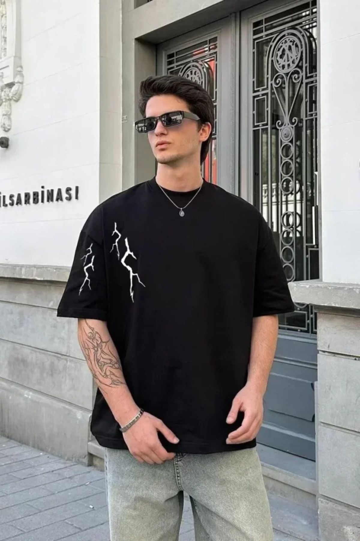 NİDAM BUTİK Unisex Bisiklet Yaka Baskılı Oversize T-Shirt - Siyah