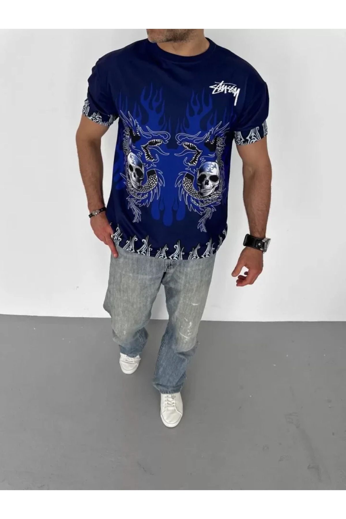 vivenza Unisex Bisiklet Yaka Baskılı Oversize T-Shirt - Lacivert