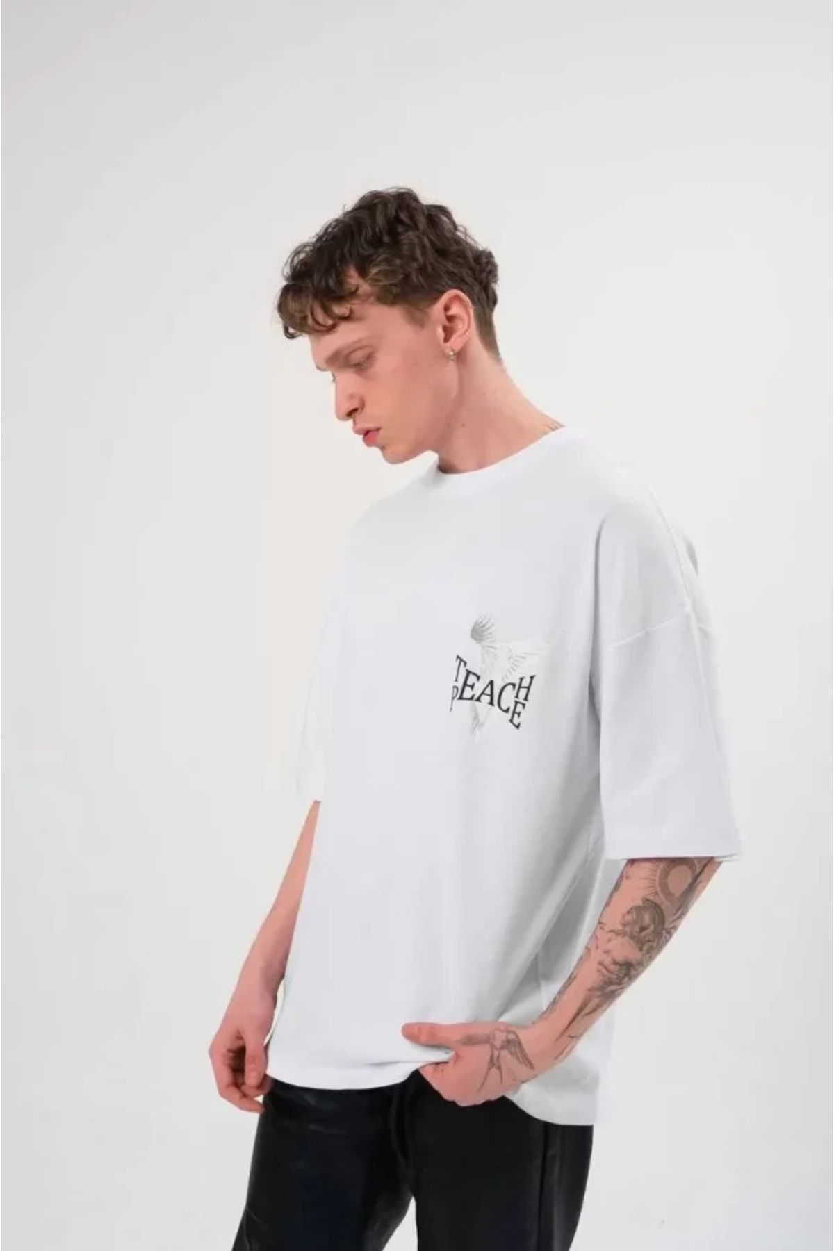 NİDAM BUTİK Unisex Bisiklet Yaka Baskılı Oversize T-Shirt - Beyaz