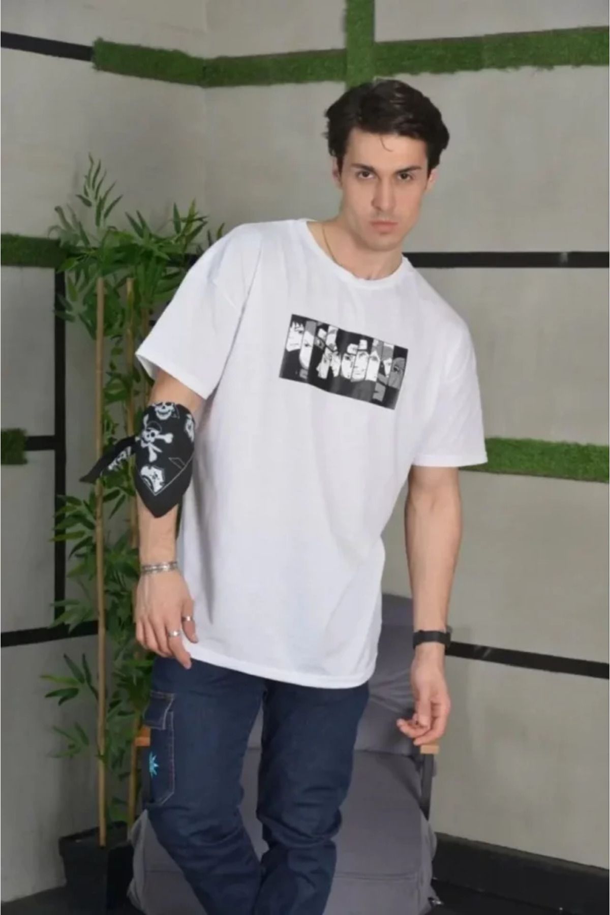 meisa Unisex Bisiklet Yaka Baskılı Oversize T-Shirt - Beyaz