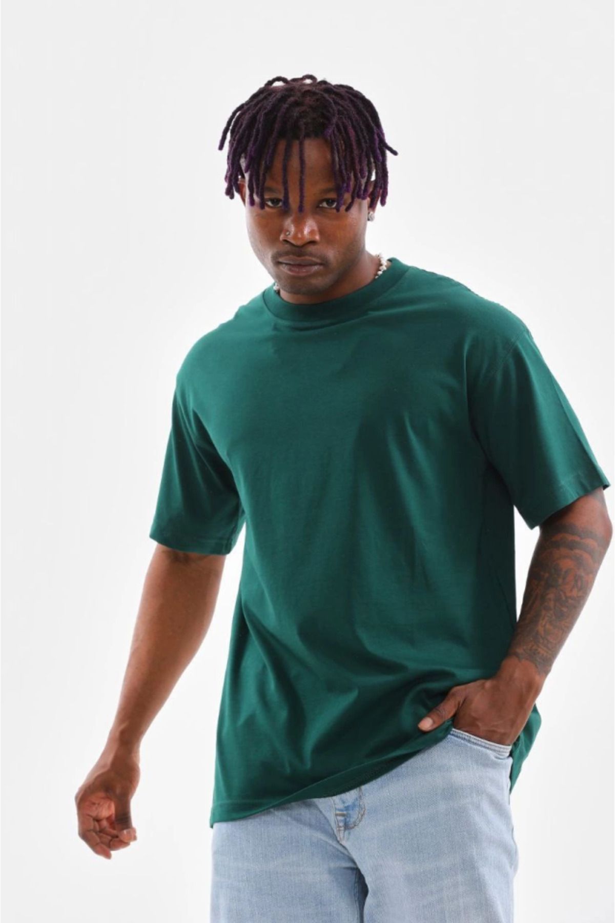MHT STORE Unisex Oversize Düz Bisiklet Yaka T-Shirt - Koyu Yeşili