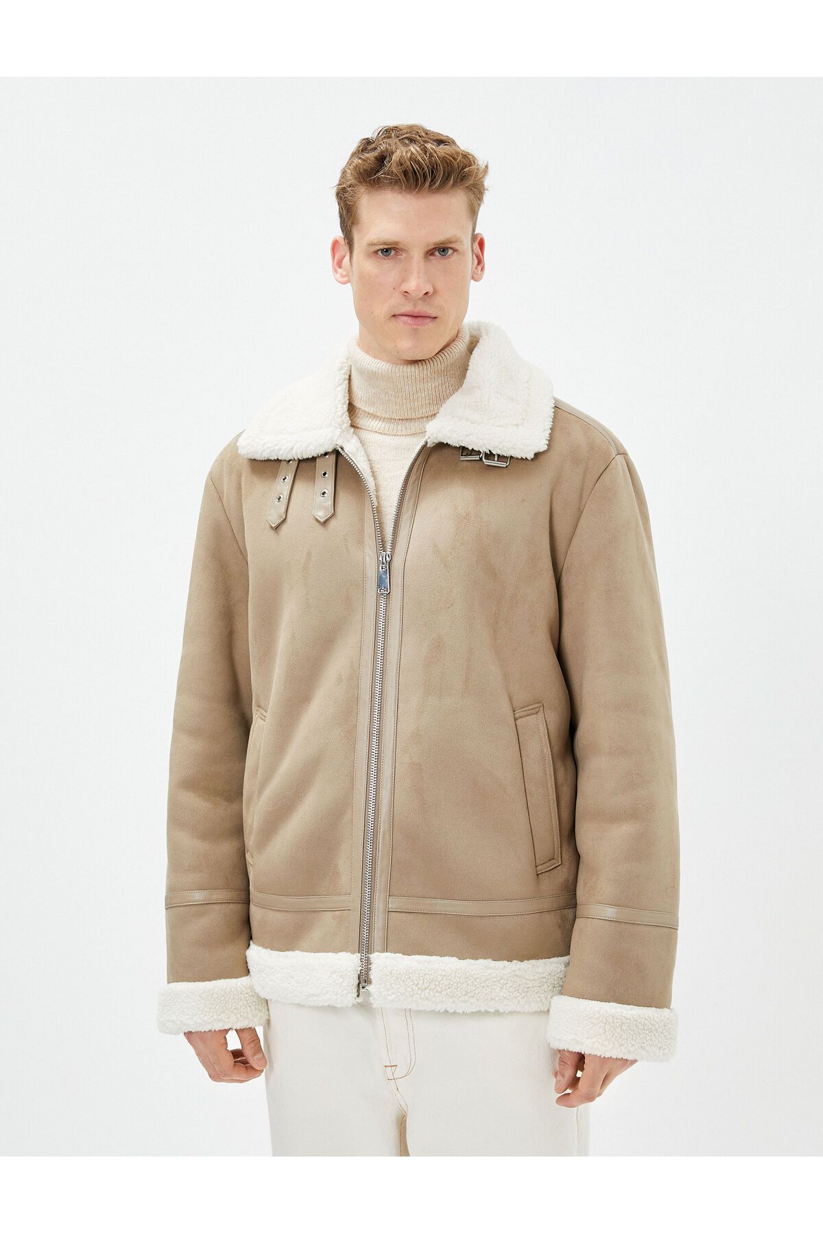 Koton-Suede Look Jacket Inside with Plush Pocket Detail and Zipper 3