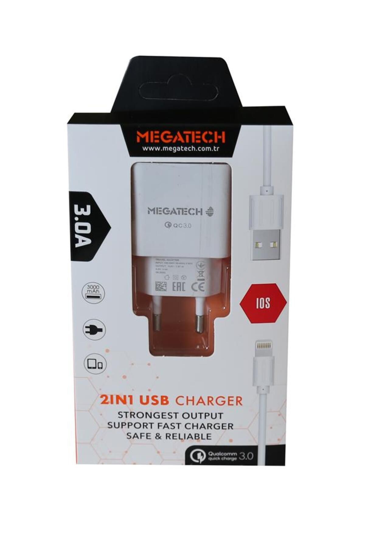 Vobotek Teknoloji Megatech 3.0A Ev 2IN1 Ev Şarj Kafa +Iphone Şarj Kablo Hızlı Şarj