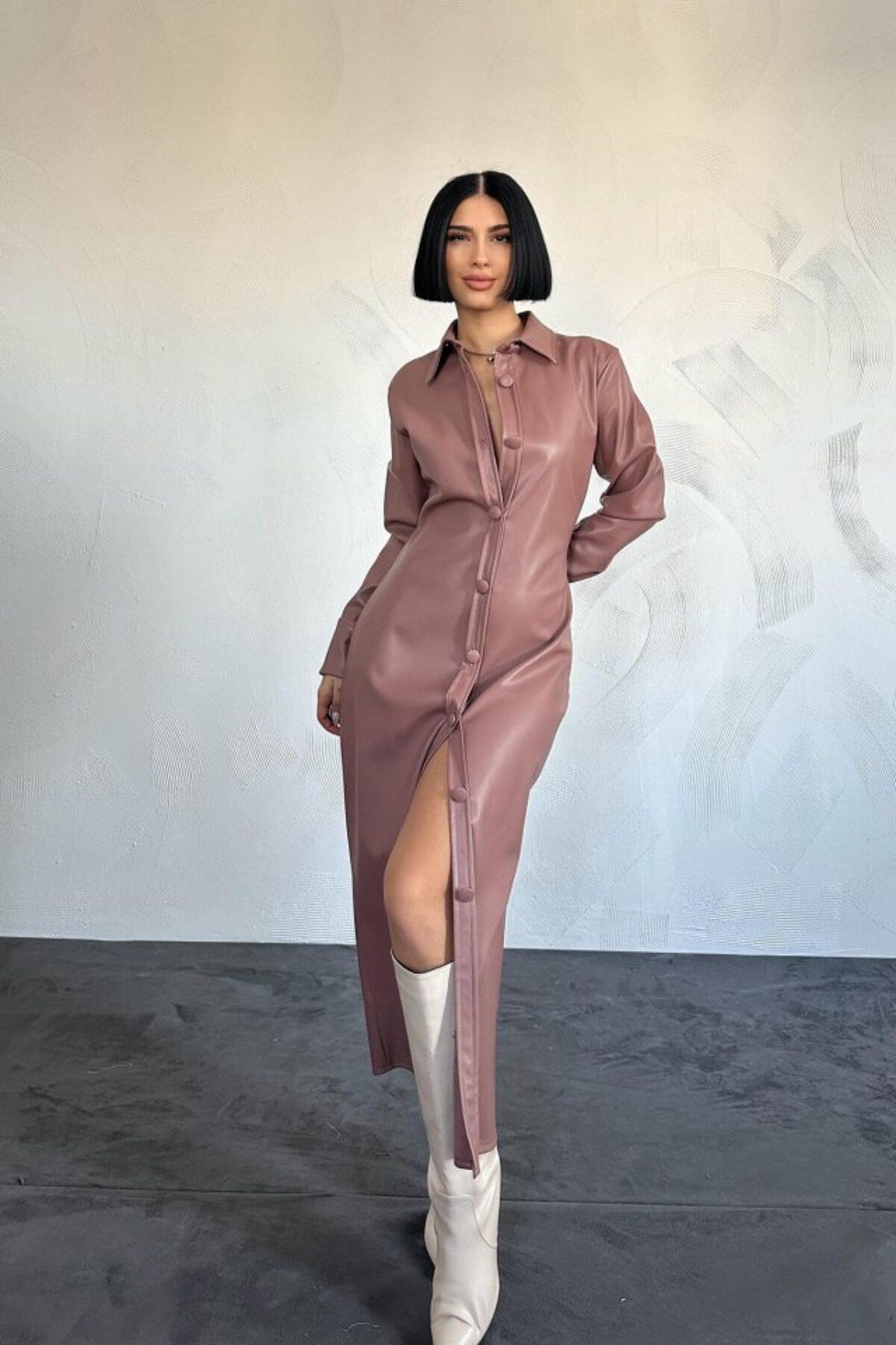 MRA Fashion Pudra Boydan Düğmeli Deri Elbise
