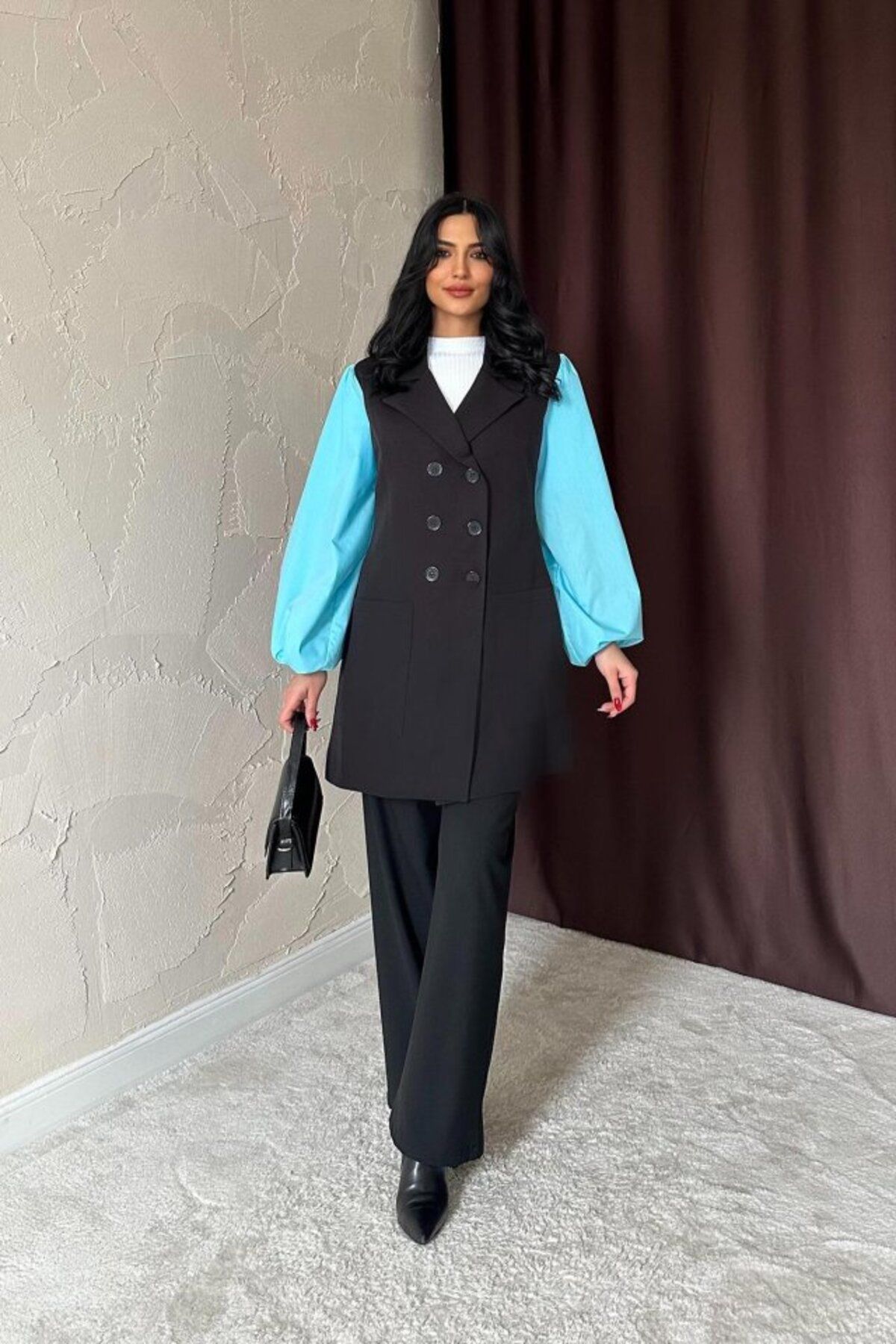 fh fashionhere Siyah Mavi Garnili Ceket Elbise