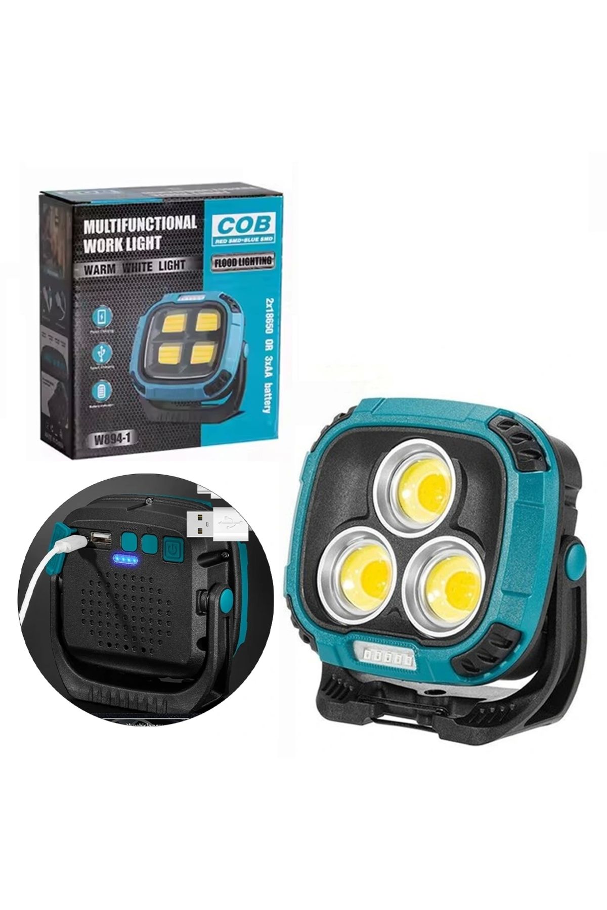 shopwave 4000K - 7000K - KIRMIZI 3 COB LEDLİ 30 WATT ÇOK FONKSİYONLU ÇALIŞMA LAMBASI (POWERBANK) (5047)