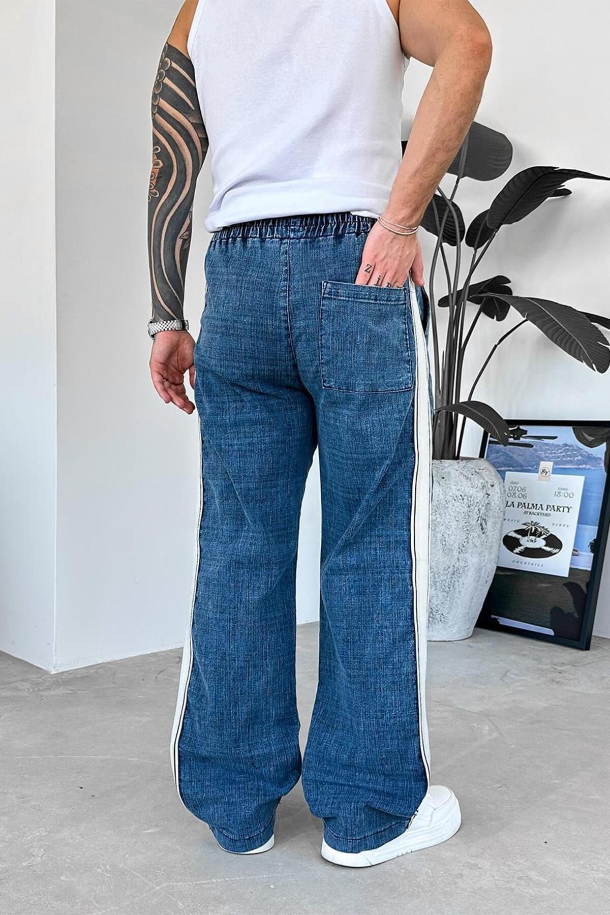 HAFKAGİYİM-Navy Blue Elastic Waist Stripe Detail Premium Baggy Trousers 4