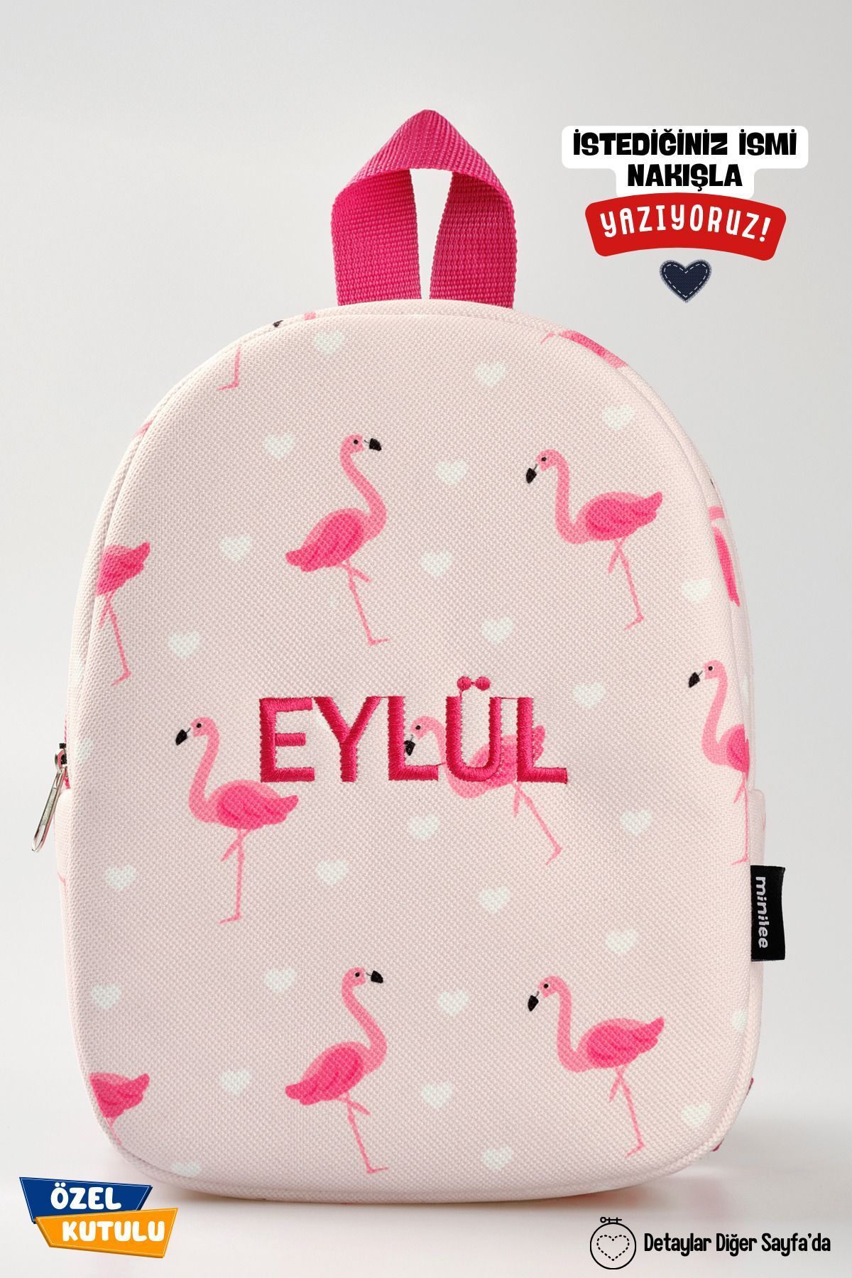 [İSTEDİĞİNİZ İSMİ NAKIŞLA YAZIYORUZ] - Sevimli Flamingo 0-8 Yaş - Çocuk Anaokulu, Kreş Sırt Çantası