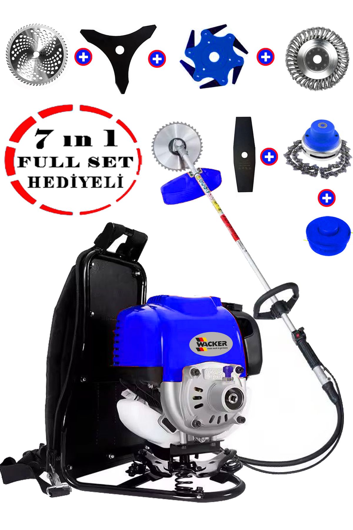 Wacker Pro Germany WR-570 7 İN 1 Sırt Tipi Benzinli Motorlu Ot Çalı Tırpanı Çim Biçme Makinesi Çelik Fırça