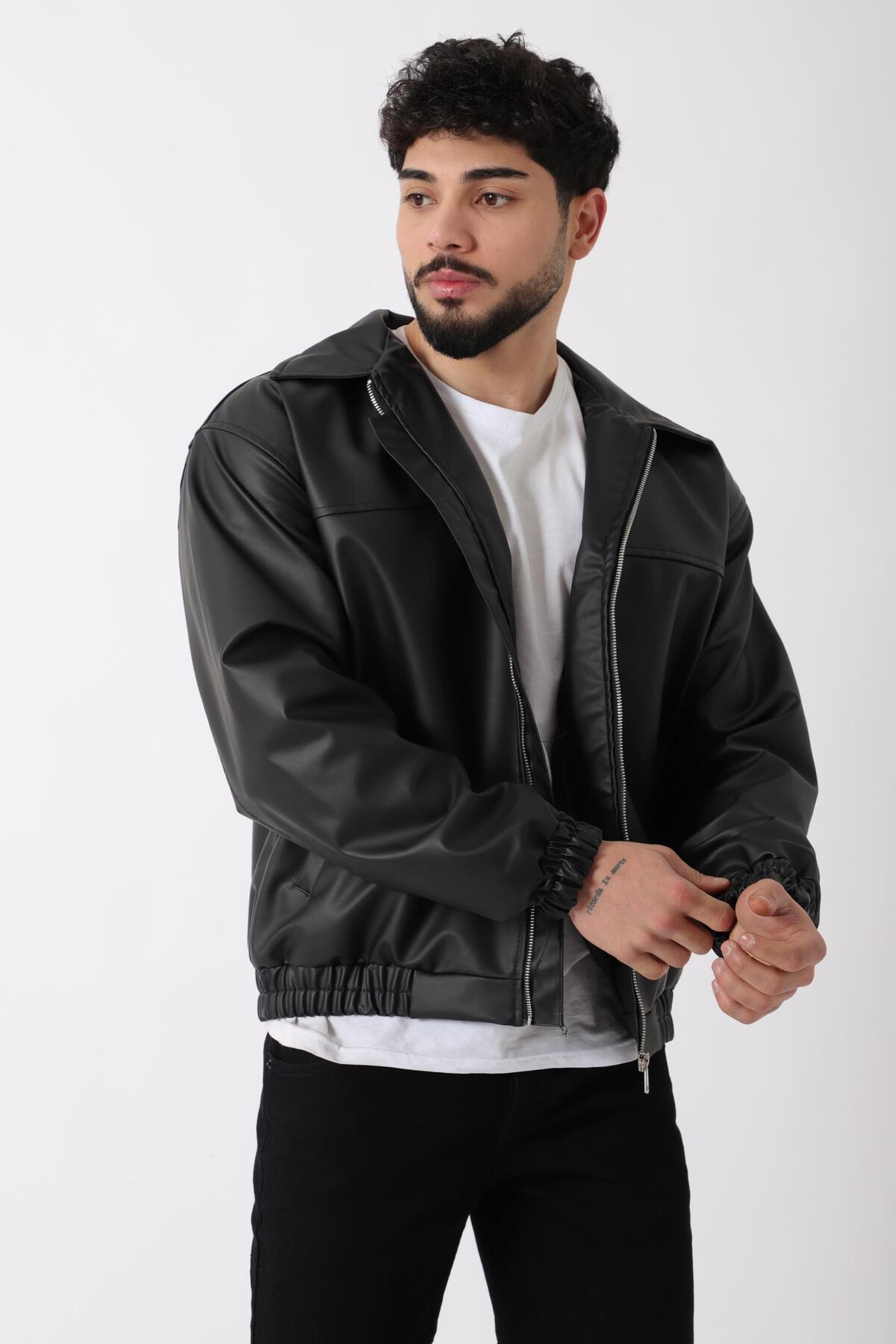 Stilkombin  Yakalı Bel Lastikli Suni Deri Mont 1787_50446 - Görsel 3