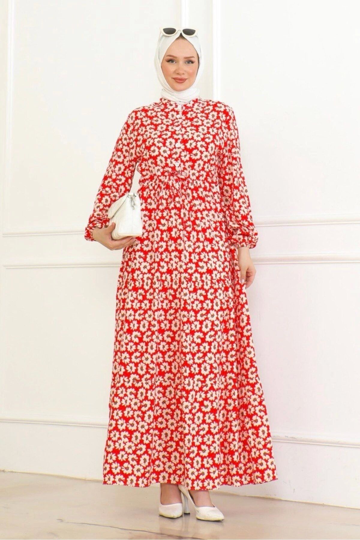 Neva Style-Floral Patterned Tied Front Dress / Red 3