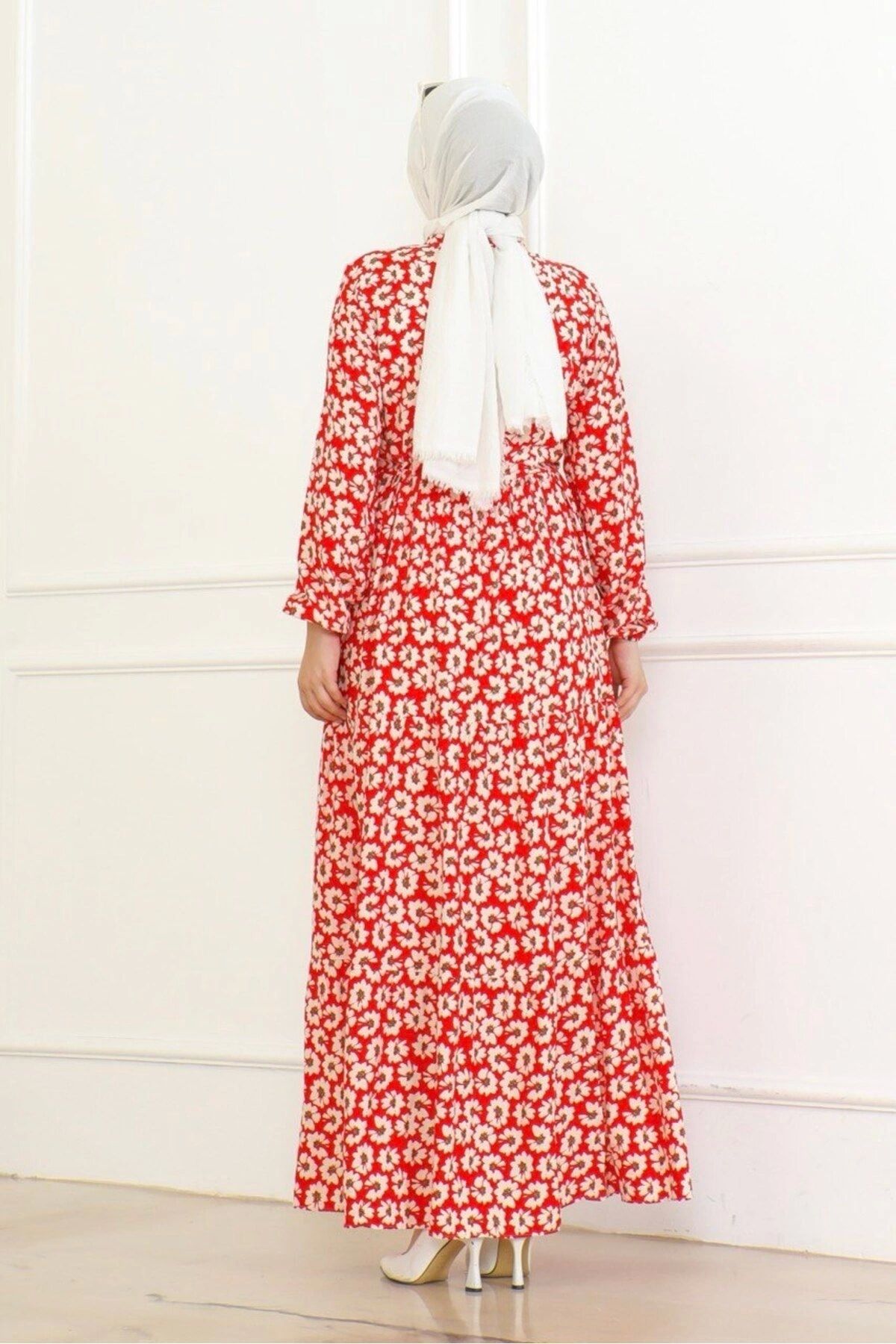 Neva Style-Floral Patterned Tied Front Dress / Red 6