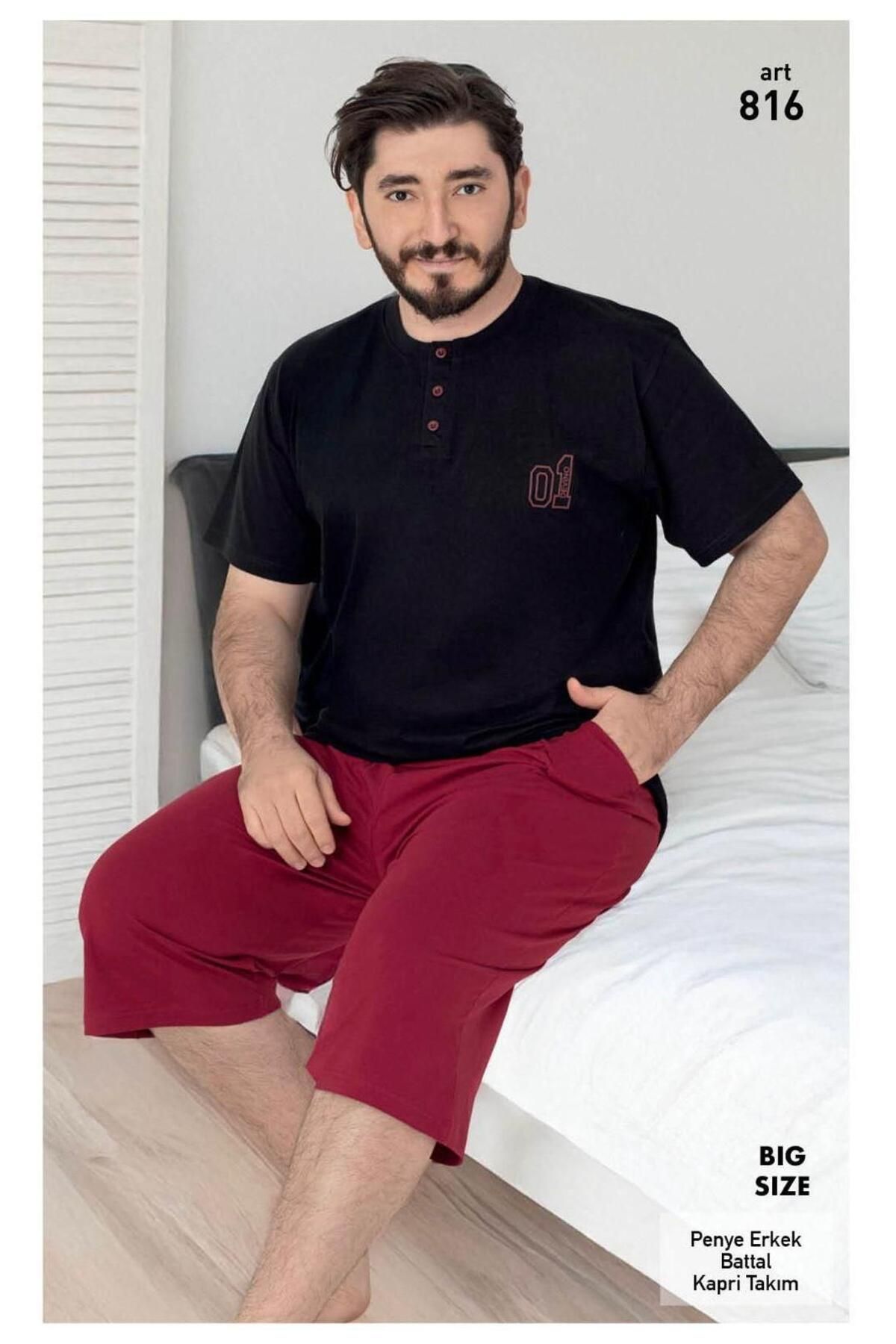 XORVİO Erkek Battal Düğme Yaka Bermuda Pamuklu Cotton Kısa Kollu T-shirt Kapri Şortlu Pijama Takım, Cepli