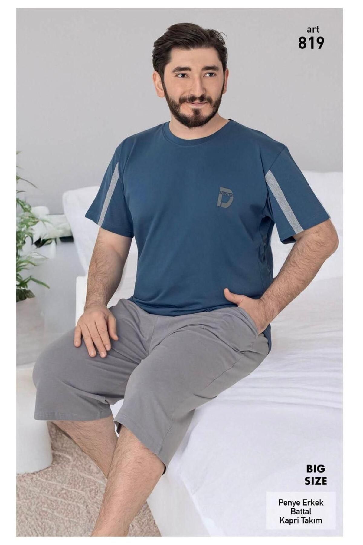 XORVİO Erkek Battal Sıfır Yaka Bermuda Pamuklu Cotton Kısa Kollu T-shirt Kapri Şortlu Pijama Takım Cepli