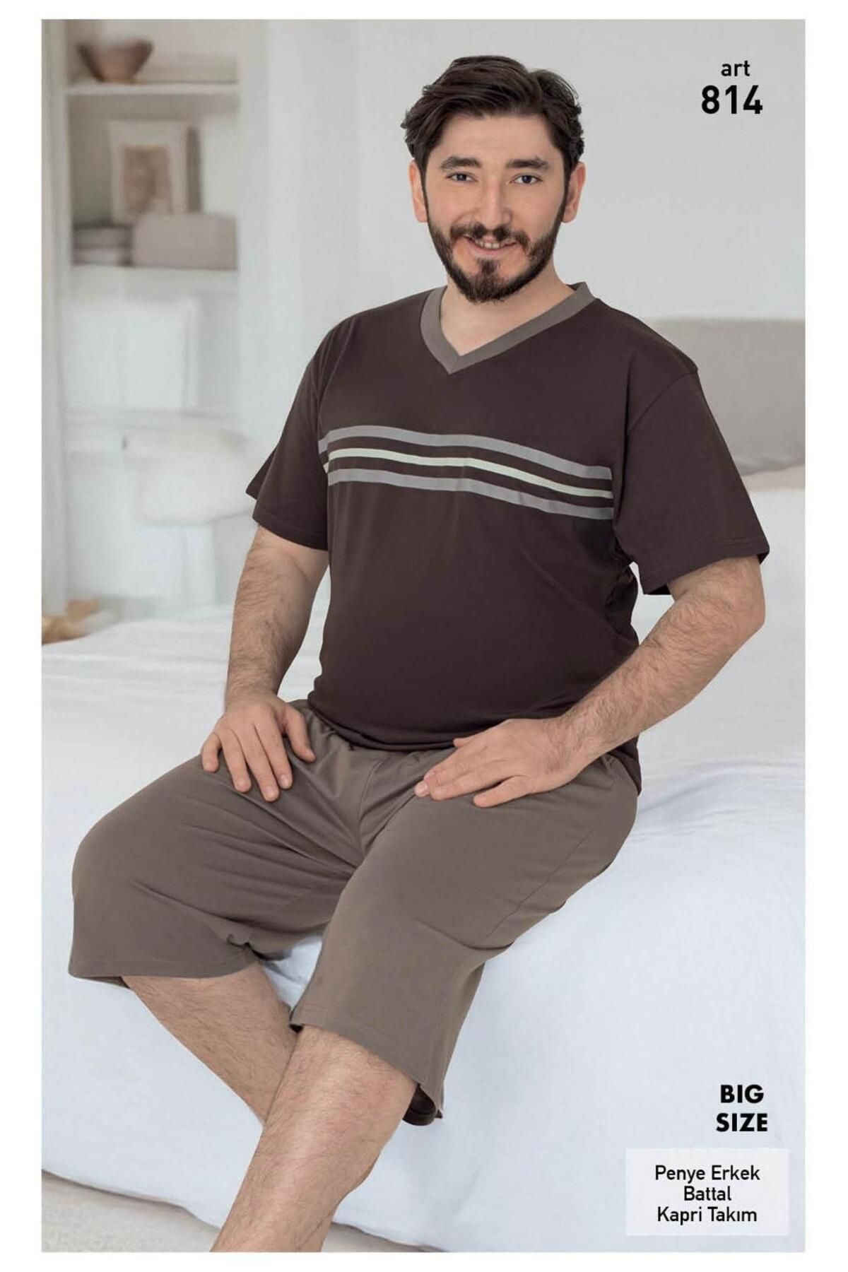 XORVİO Erkek Battal Bermuda Pamuklu Cotton Kısa Kollu T-shirt Kapri Şortlu Kahverengi Pijama Takım Cepli
