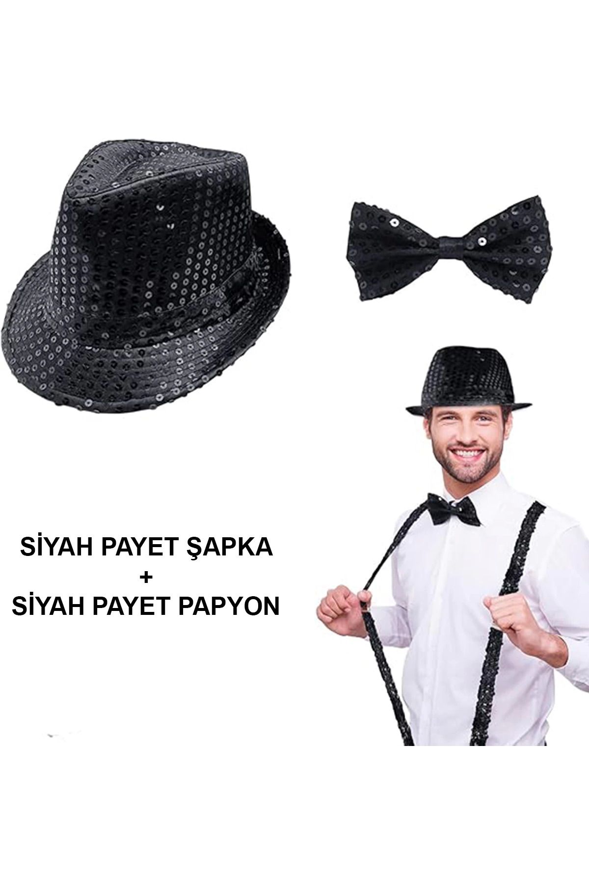 Narnuga Siyah Payetli Şapka Ve Papyon Seti – Parıltılı Yetişkin Kostüm Seti - MCT3097-1672
