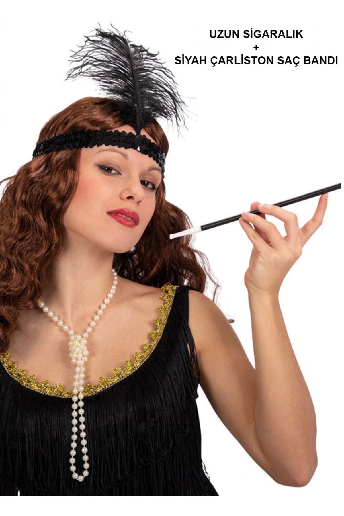Narnuga 192039ler Gatsby Aksesuar Seti – Siyah Charleston Saç Bandı Lık - MCT4443-6562