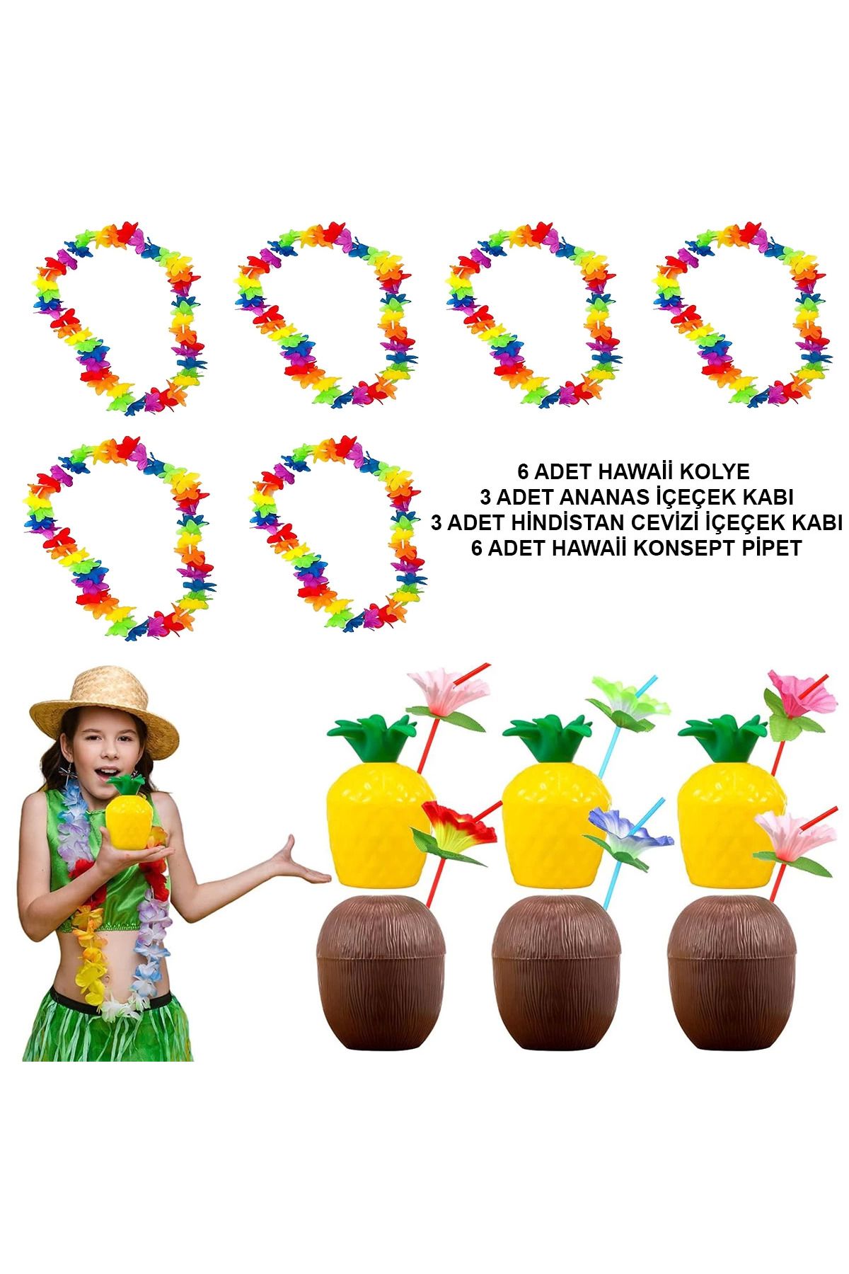 Narnuga Tropikal Hawaii Parti Malzemeleri – Kolye Pipet Bardak Seti - MCT4517-7393
