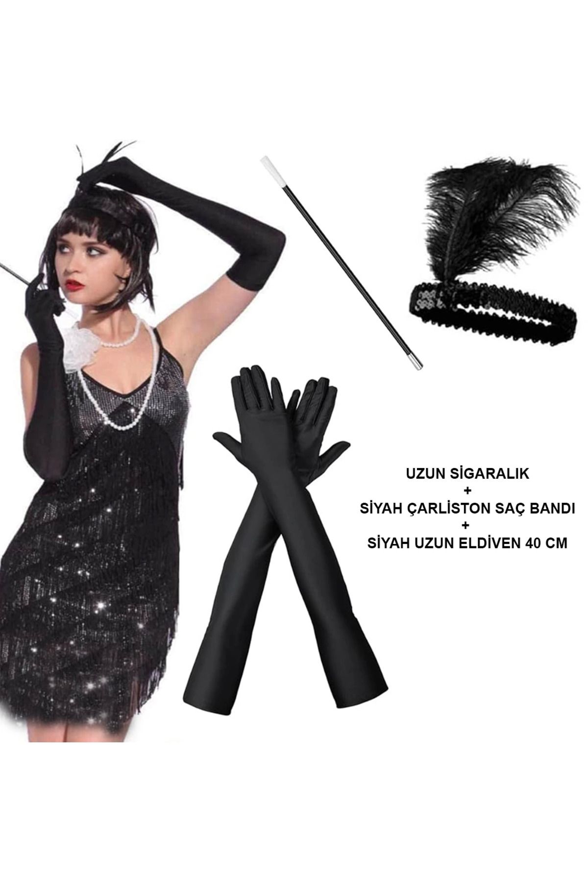Narnuga 192039ler Gatsby Aksesuar Seti – Siyah Charleston Saç Bandı Uzun Eldiven Lık - MCT3450-2996