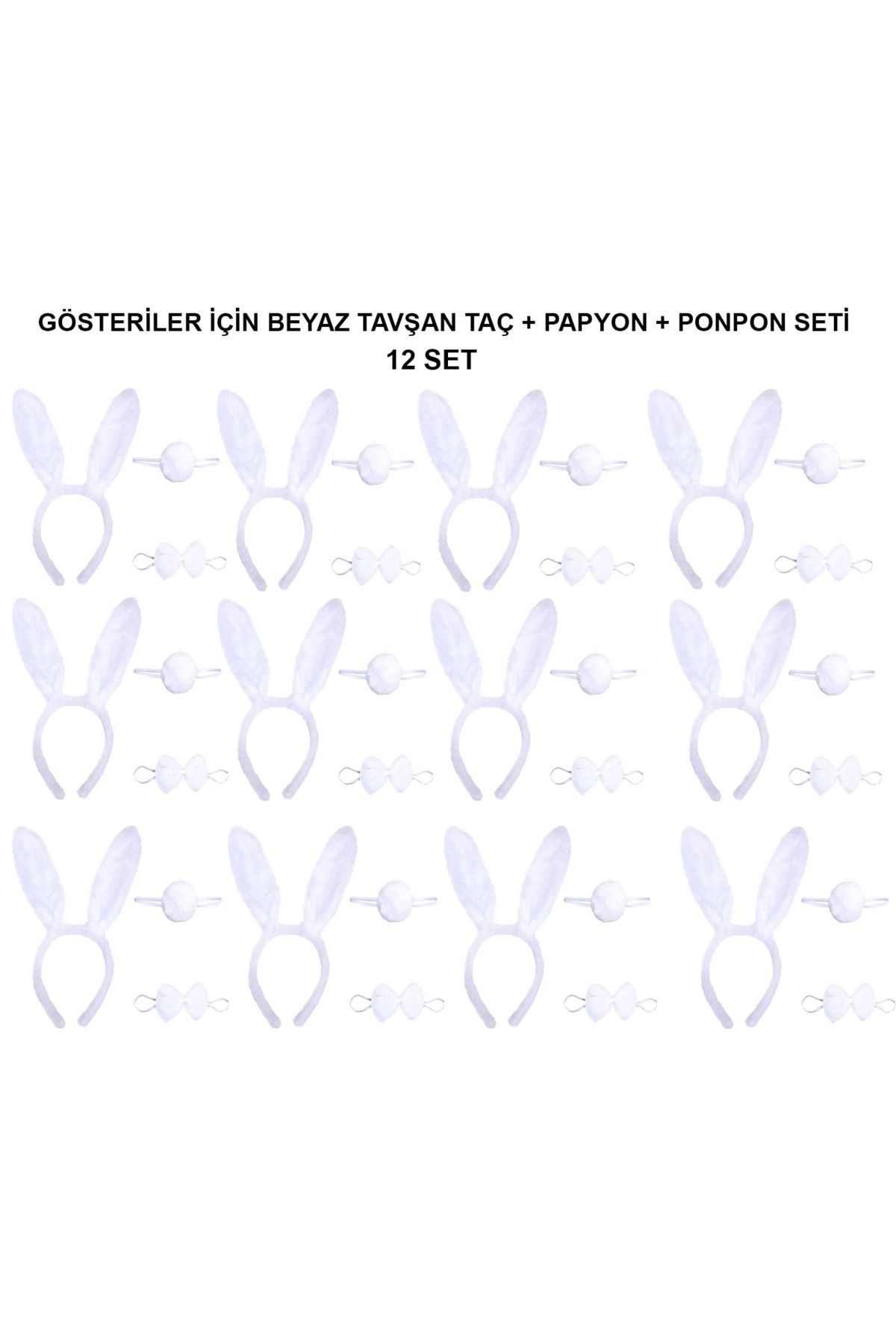 Narnuga Beyaz Tavşan Kostüm Seti – Taç Papyon Kuyruk (12’li Paket) - MCT6581-8396